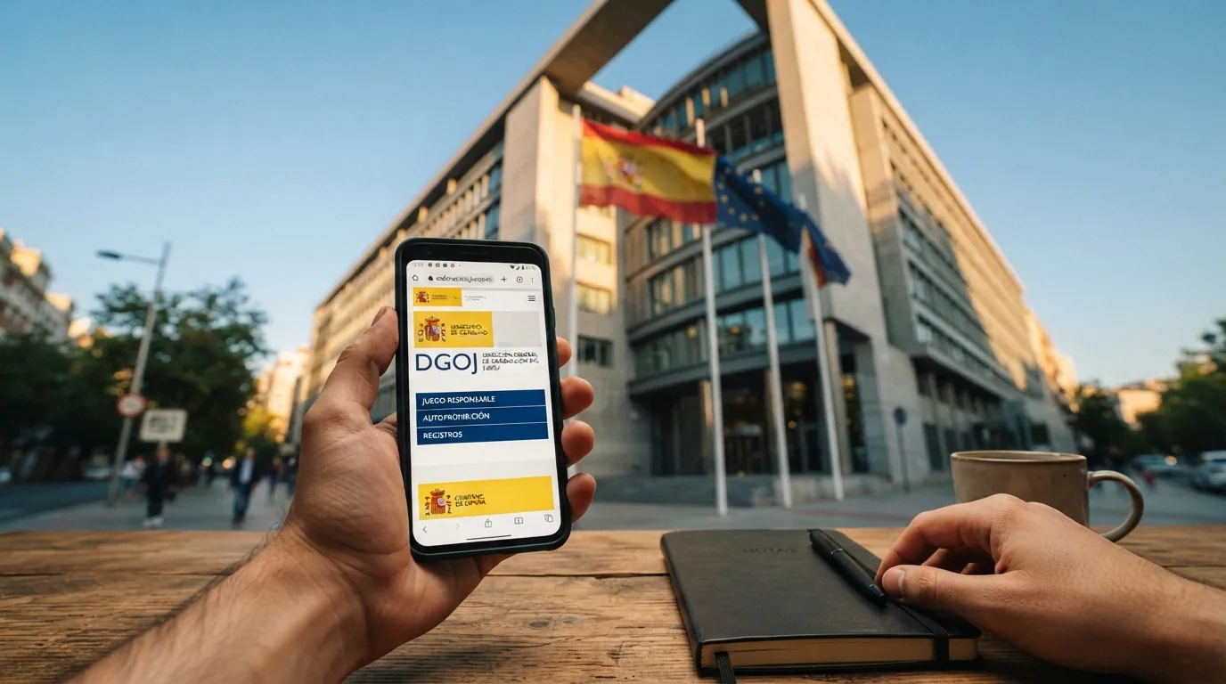 Fachada del Ministerio de Derechos Sociales, Consumo y Agenda 2030 o pantalla del portal ordenacionjuego.es con el escudo de la DGOJ visible