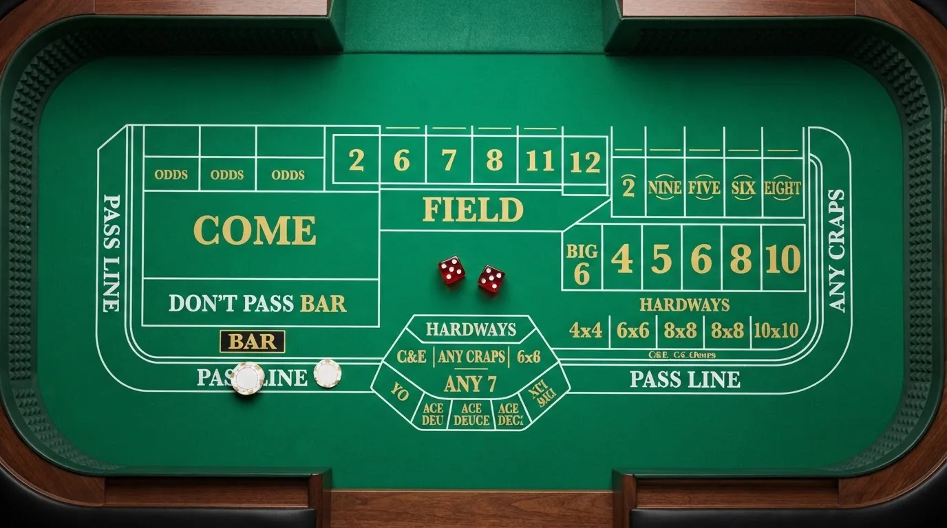 Vista cenital del paño de una mesa de craps con todas las zonas de apuesta señalizadas