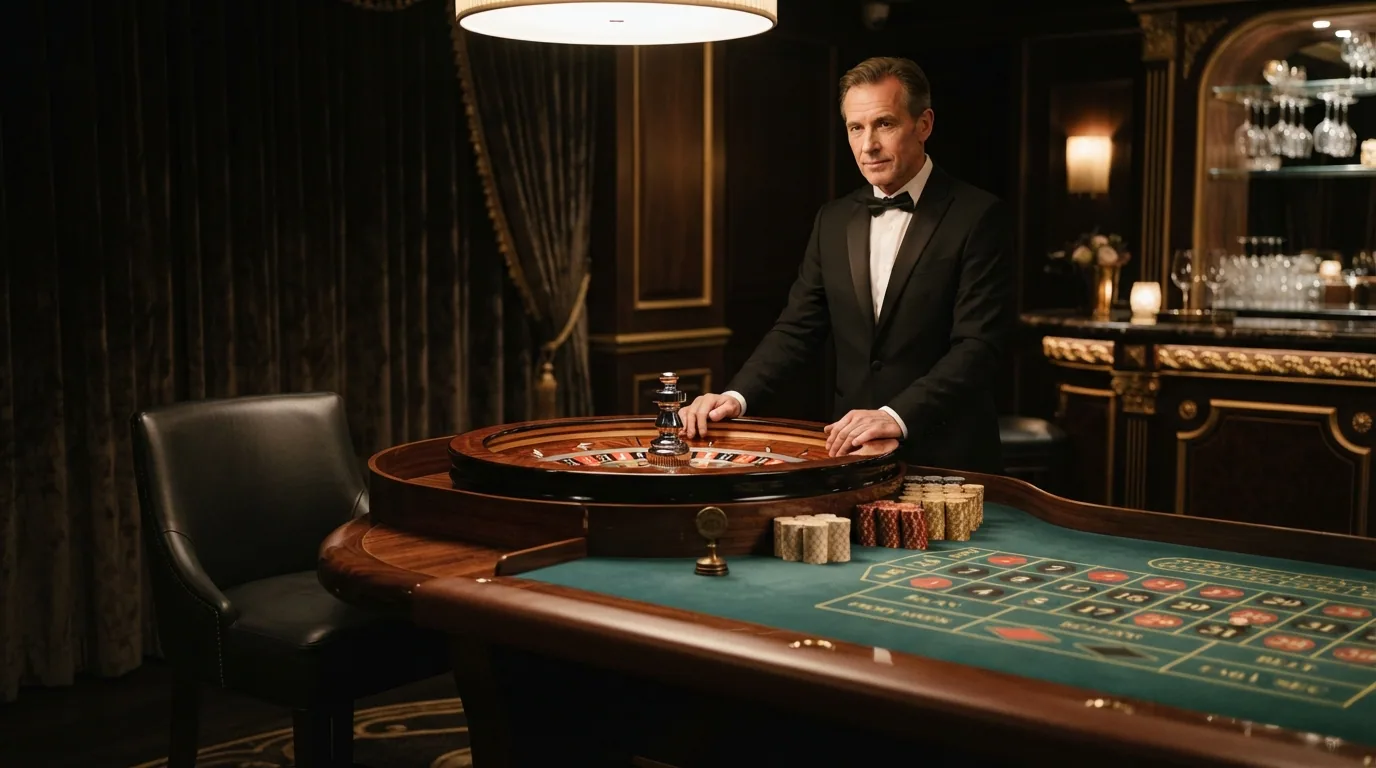 Un salón privado de ruleta con un solo asiento frente a la mesa, iluminación tenue y un crupier dedicado en actitud de espera