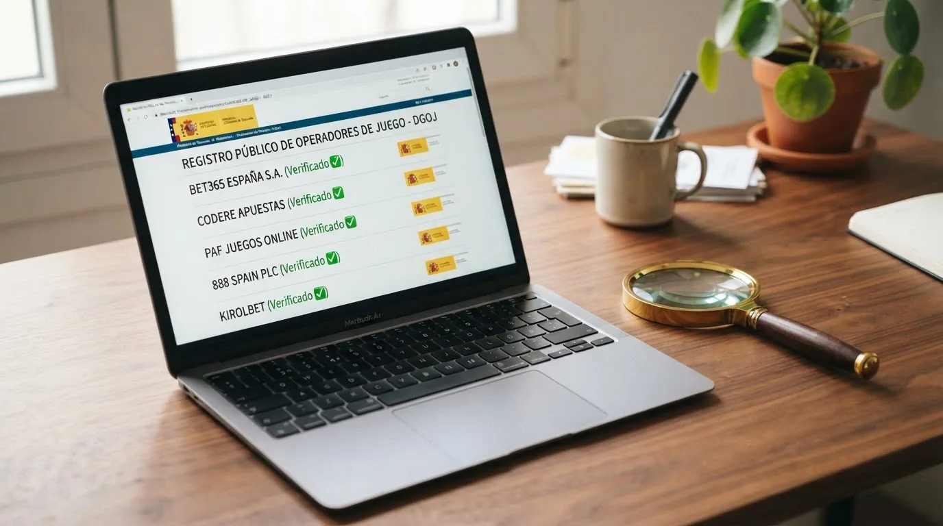 Una lupa sobre una pantalla que muestra el registro público de operadores con licencia de la DGOJ en ordenacionjuego.es, con varias fichas de operador marcadas con un check verde