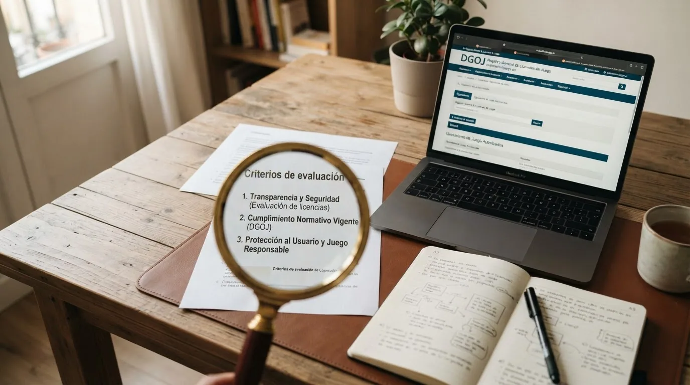 Mesa de trabajo con una lupa sobre un documento que muestra criterios de evaluación, junto a capturas de pantalla del buscador oficial de la DGOJ (ordenacionjuego.es) y de reseñas independientes