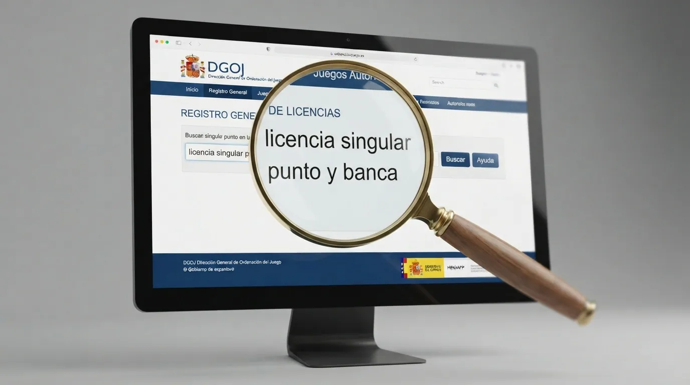 Una lupa sobre el registro oficial de la DGOJ en la pantalla de ordenacionjuego.es, con una lista de verificación de criterios al lado