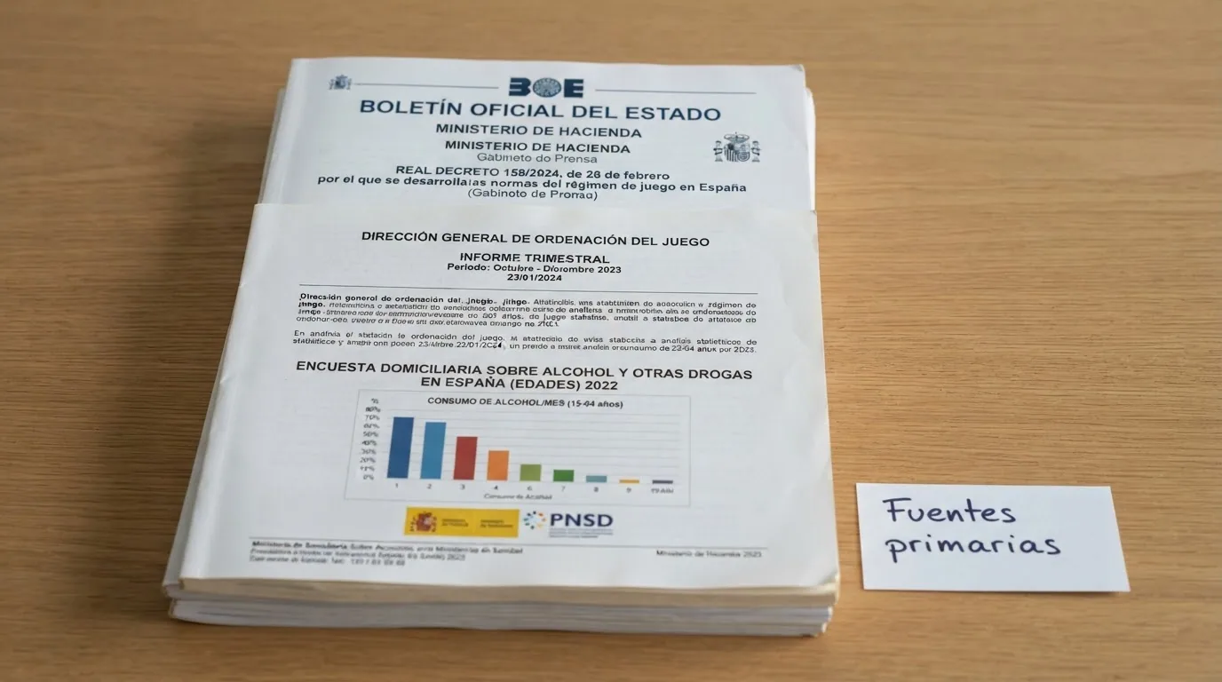Documentos oficiales (BOE, informe DGOJ, encuesta EDADES) apilados sobre una mesa de trabajo con anotaciones, representando las fuentes primarias del análisis