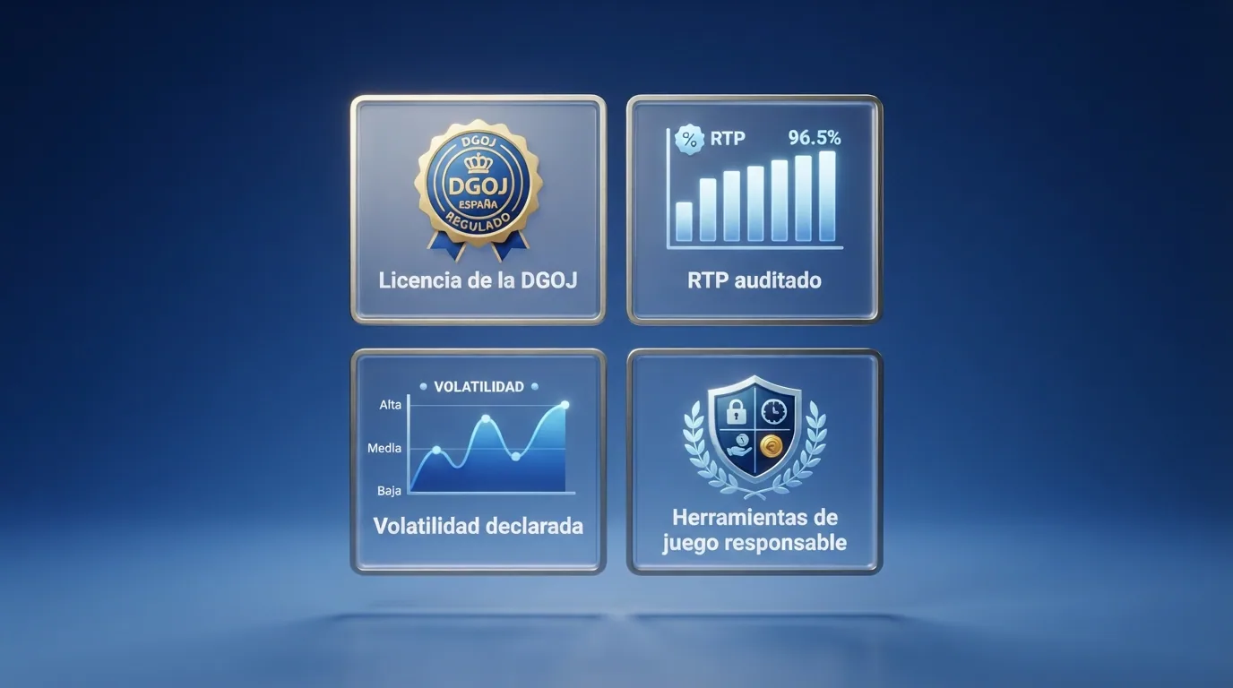 Esquema visual con los cuatro criterios de evaluación: licencia de la DGOJ, RTP auditado, volatilidad declarada y herramientas de juego responsable