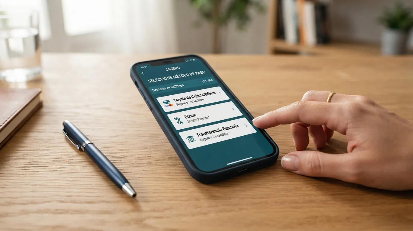 Pantalla de cajero virtual de un casino de bingo online con los métodos de pago disponibles (tarjeta, Bizum, transferencia, monedero electrónico)