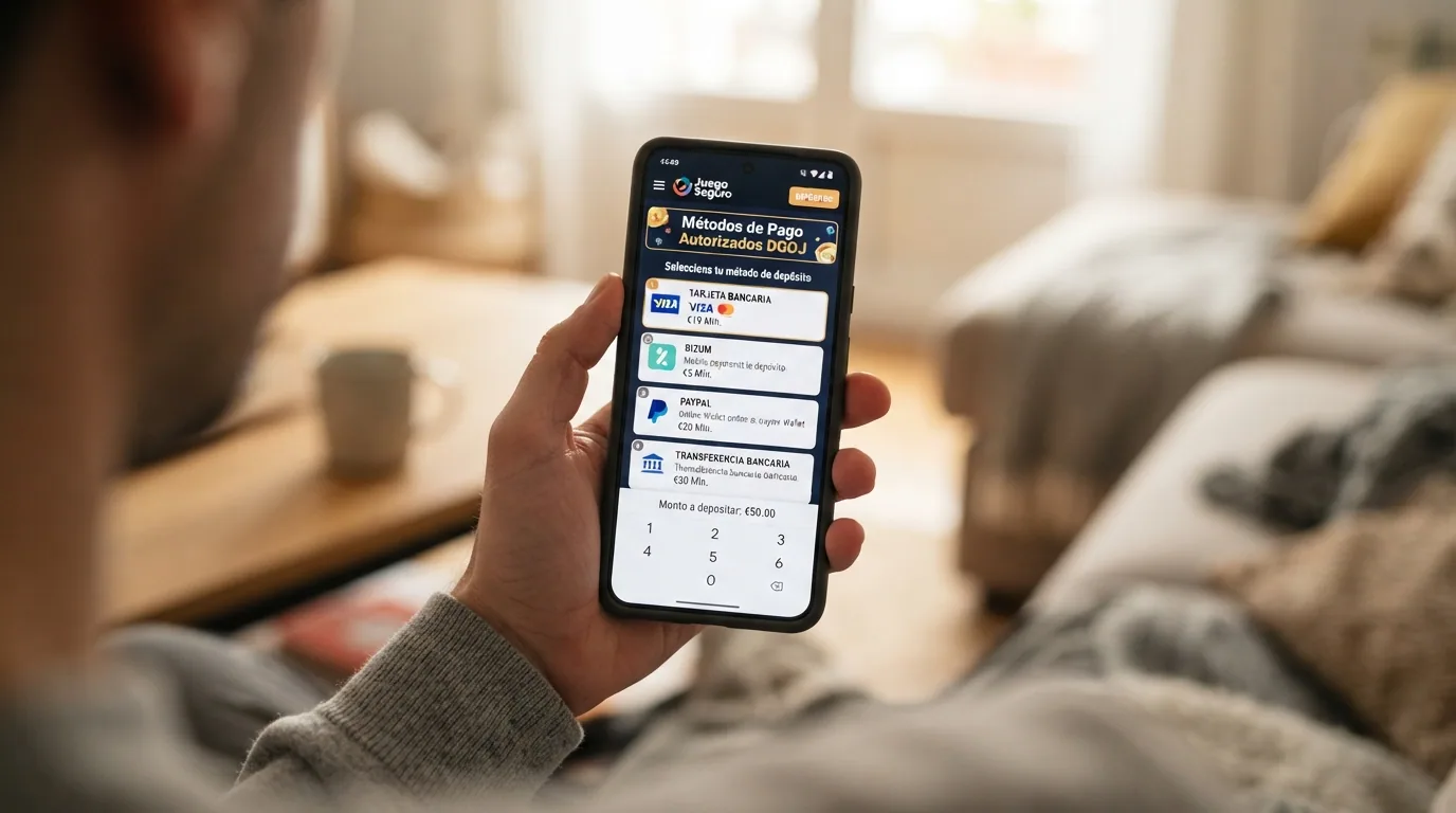 Pantalla de un móvil mostrando las opciones de depósito de un casino DGOJ: tarjeta, Bizum, PayPal y transferencia con sus importes mínimos