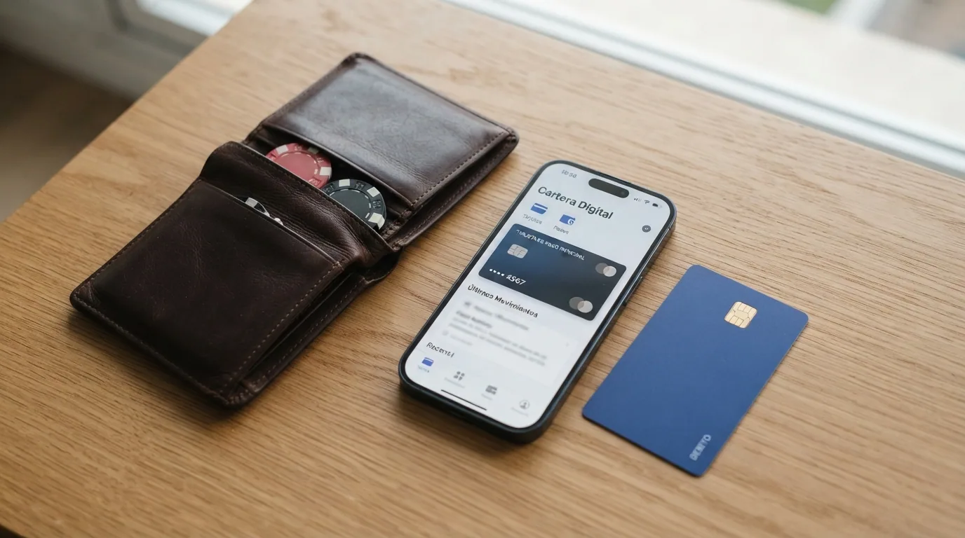 Cartera, tarjeta bancaria y móvil mostrando la app de Bizum y el logo de PayPal sobre una mesa