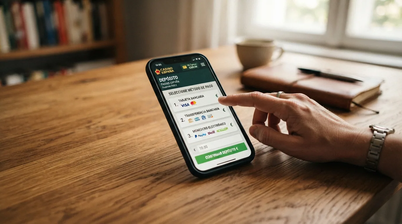Teléfono móvil mostrando la pantalla de depósito de un casino .es con los métodos de pago disponibles: Bizum, tarjeta bancaria, transferencia y monedero electrónico, todos en euros