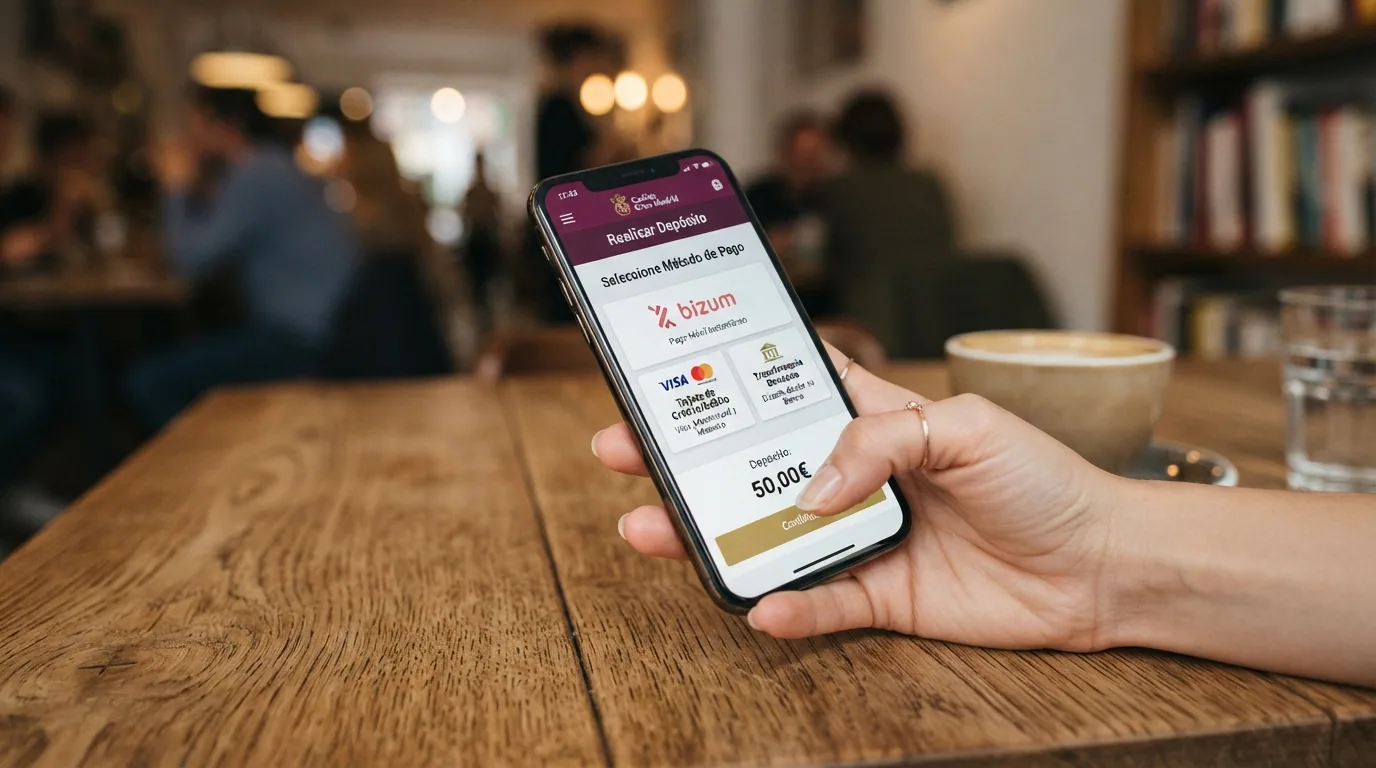 Teléfono móvil mostrando la pantalla de depósito de un casino online con los iconos de Bizum, tarjeta bancaria y transferencia como opciones disponibles