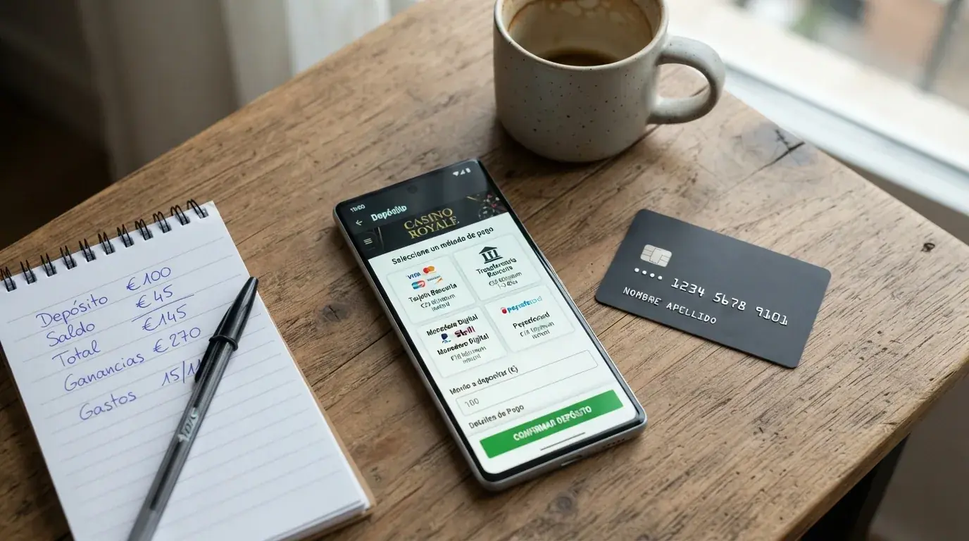 Un teléfono móvil mostrando la pantalla de depósito de un casino con los iconos de Bizum, PayPal, tarjeta y transferencia como opciones disponibles
