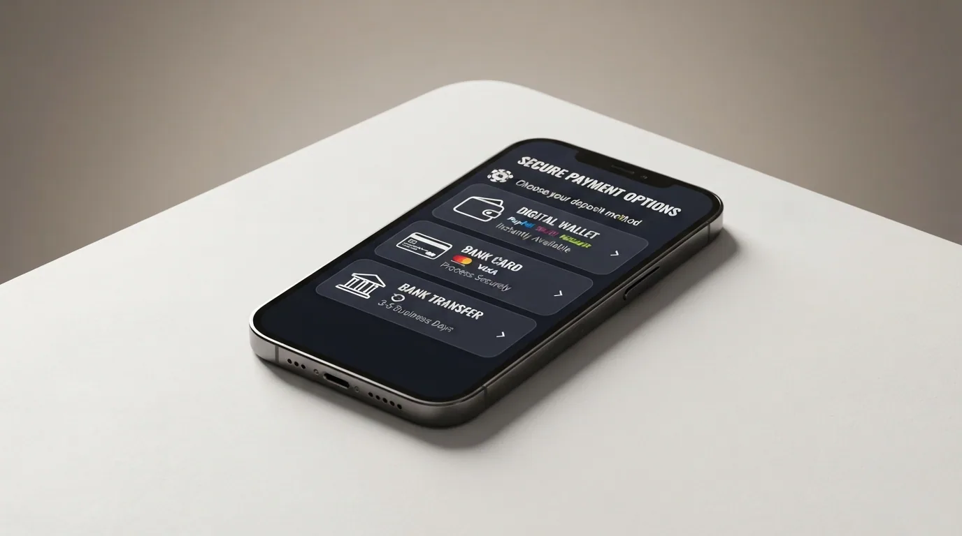 Pantalla de depósito en una app de casino con los logotipos de PayPal, Bizum, Visa y transferencia bancaria