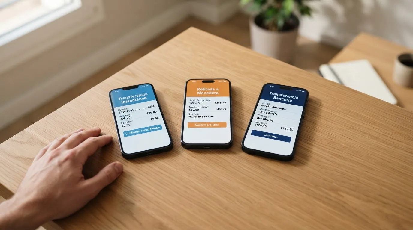 Tres teléfonos mostrando las pantallas de retirada de Bizum, PayPal y transferencia bancaria con sus tiempos estimados