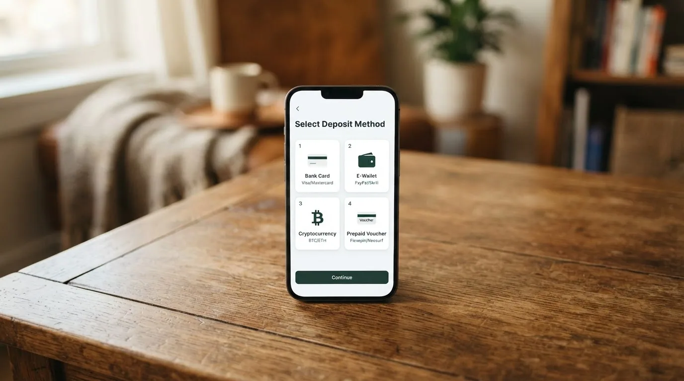 Un teléfono móvil mostrando una pantalla de depósito con varios métodos de pago: tarjeta, monedero electrónico, criptomonedas y Paysafecard