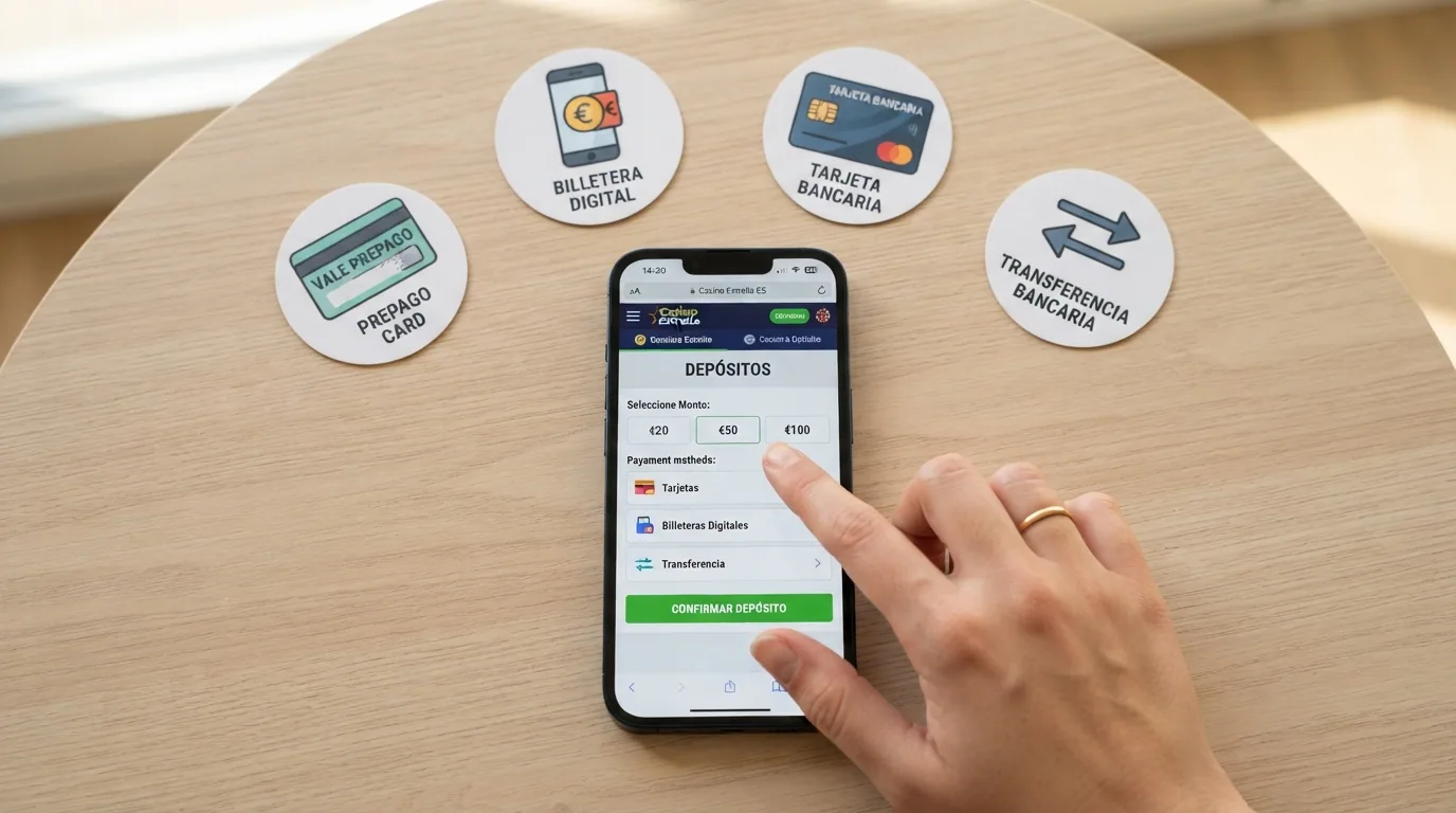 Iconos de Bizum, PayPal, Paysafecard y tarjeta bancaria alineados junto a la pantalla de un móvil mostrando la pantalla de depósito
