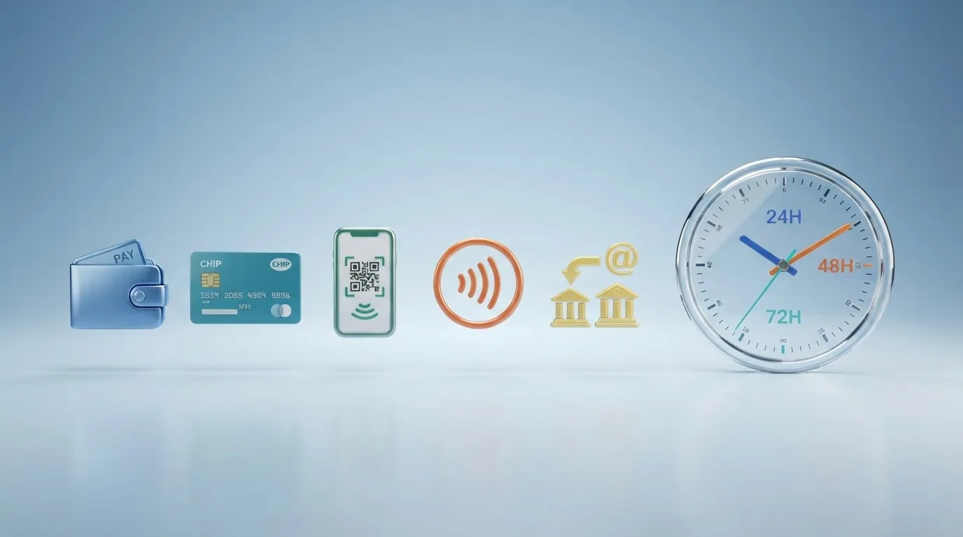 Iconos de los métodos de pago aceptados (PayPal, Visa, Skrill, Neteller, transferencia) alineados con un reloj que marca 24h, 48h y 72h