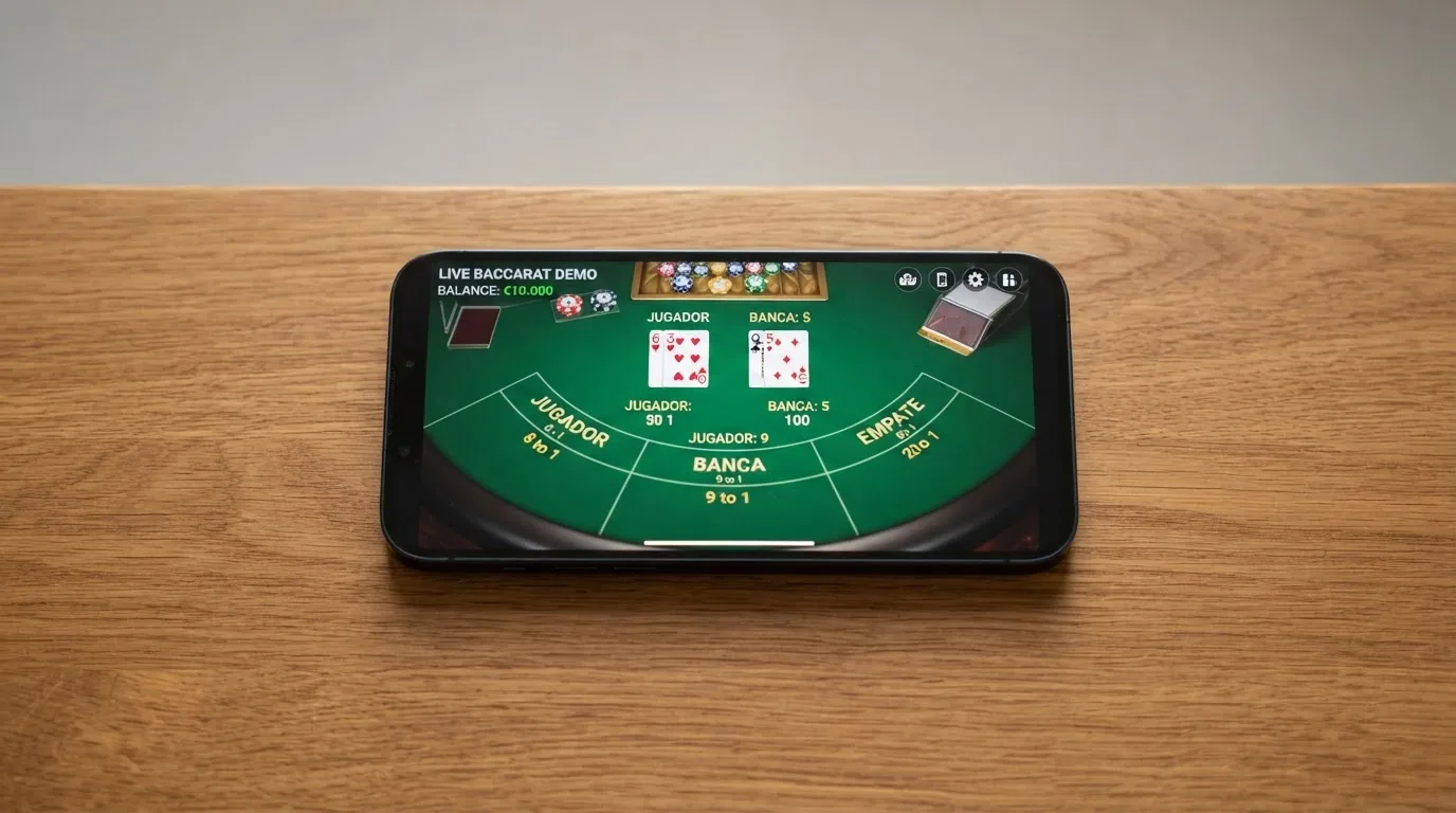 Pantalla de un casino online mostrando una partida de baccarat en modo demo con saldo virtual en euros