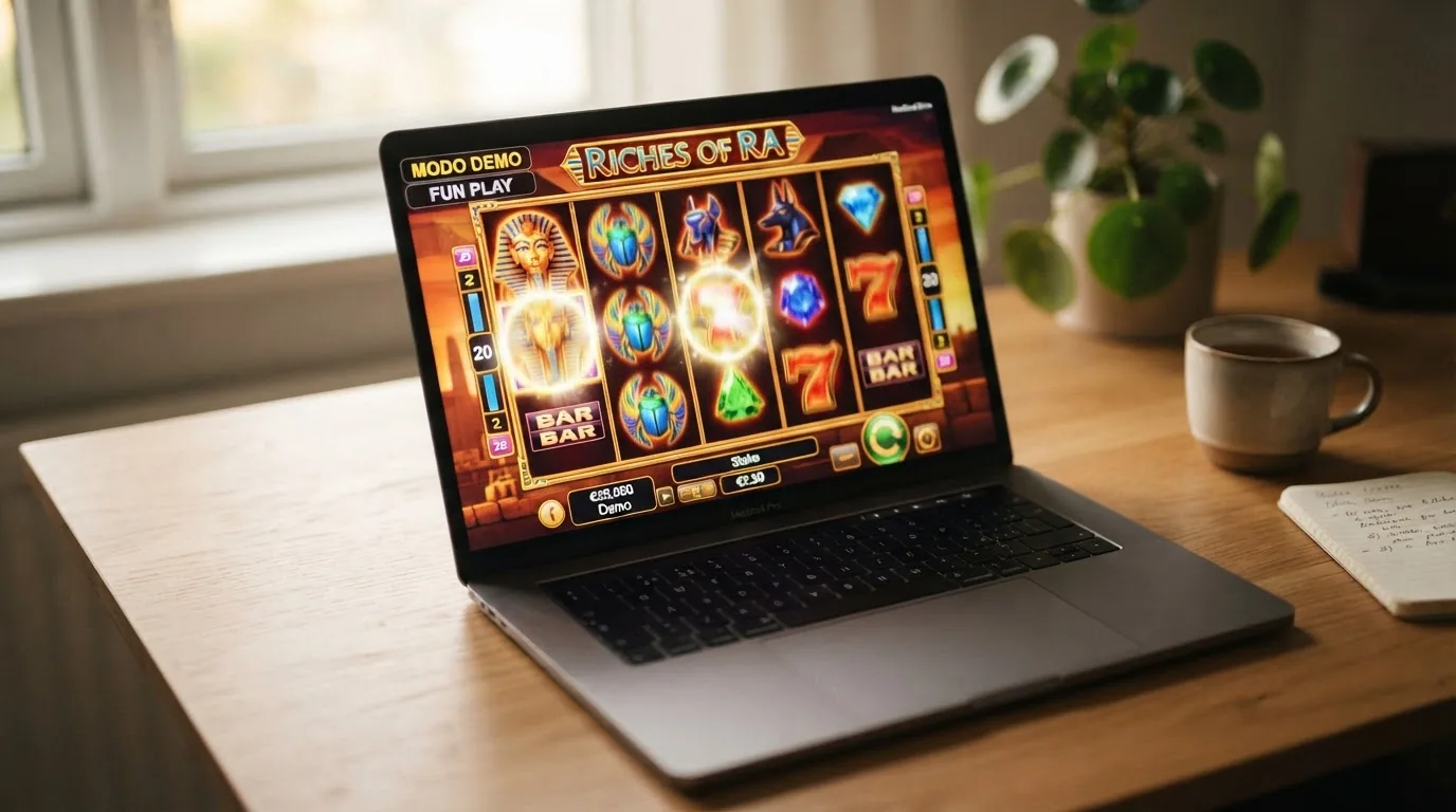 Una tragaperras de casino funcionando en el navegador con un indicador de «modo demo» o «saldo ficticio» visible en la esquina superior, sin ningún formulario de registro ni campo de datos personales a la vista