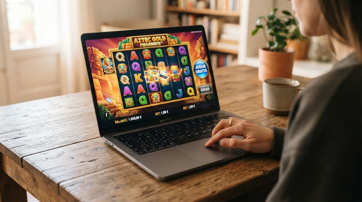 Pantalla de ordenador portátil mostrando una tragamonedas en modo demo con un saldo ficticio de 1.000 € y el botón «jugar gratis» resaltado