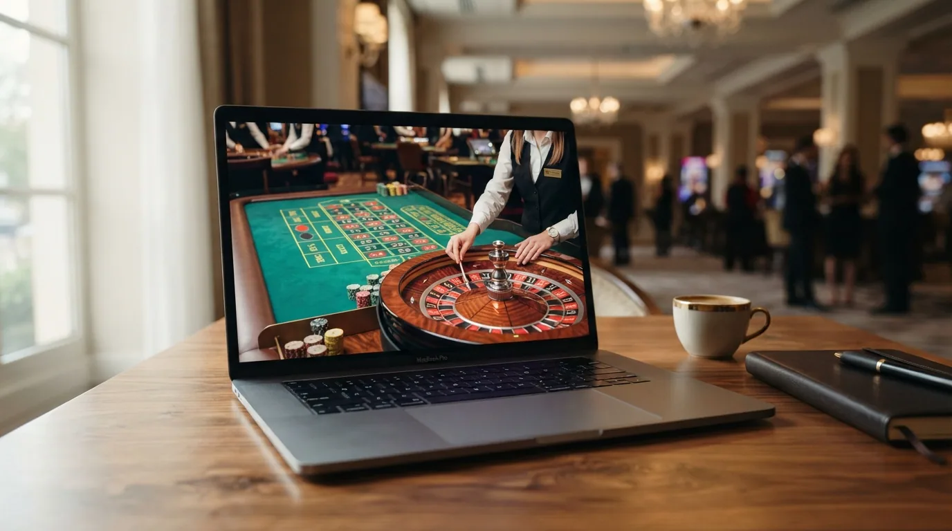 Vista del lobby de un casino online con la miniatura de una mesa de ruleta en vivo en emisión, antes de pulsar «jugar»