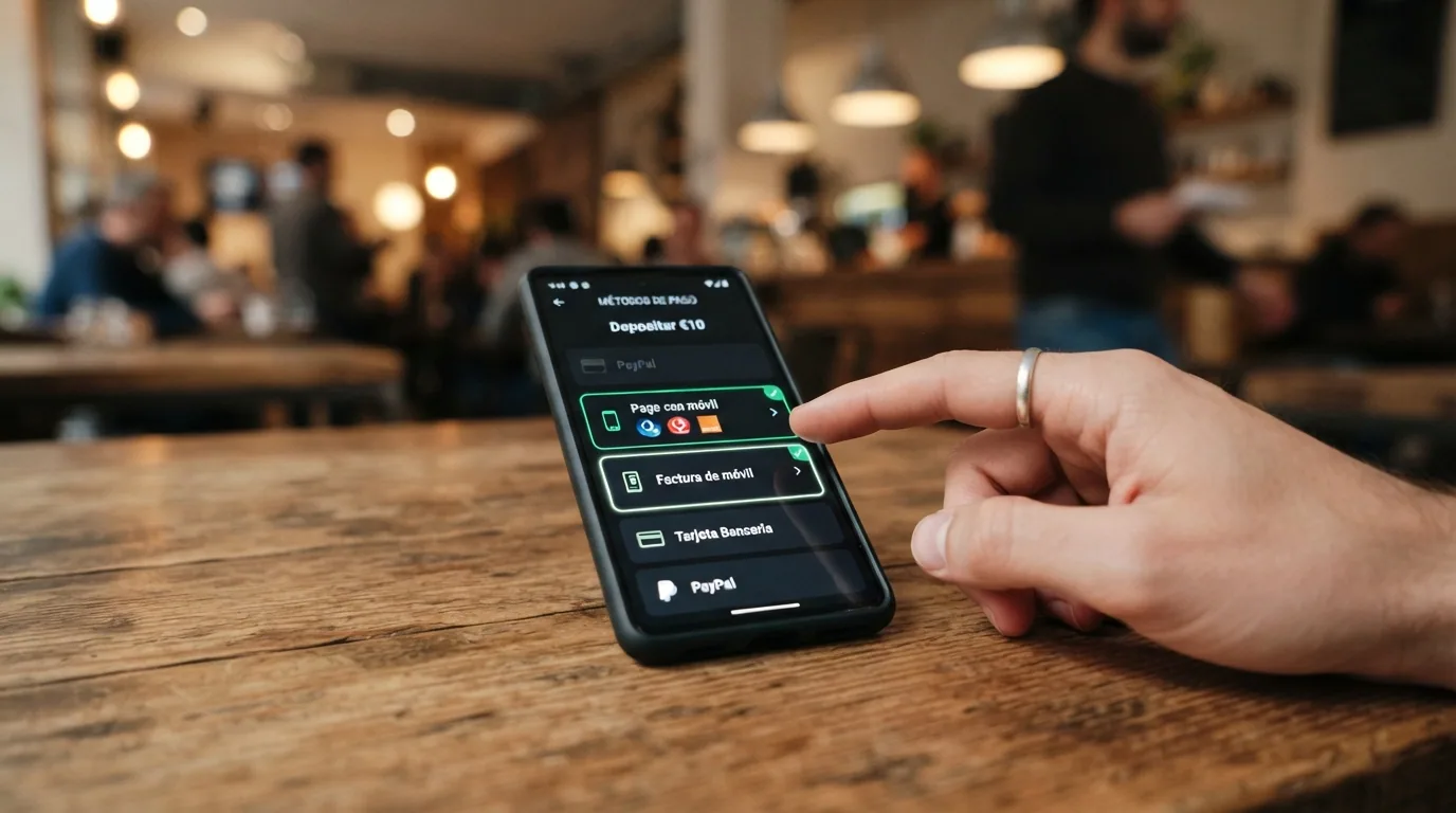 Telefono movil mostrando la pantalla de deposito de un casino con las opciones de Bizum y factura de movil