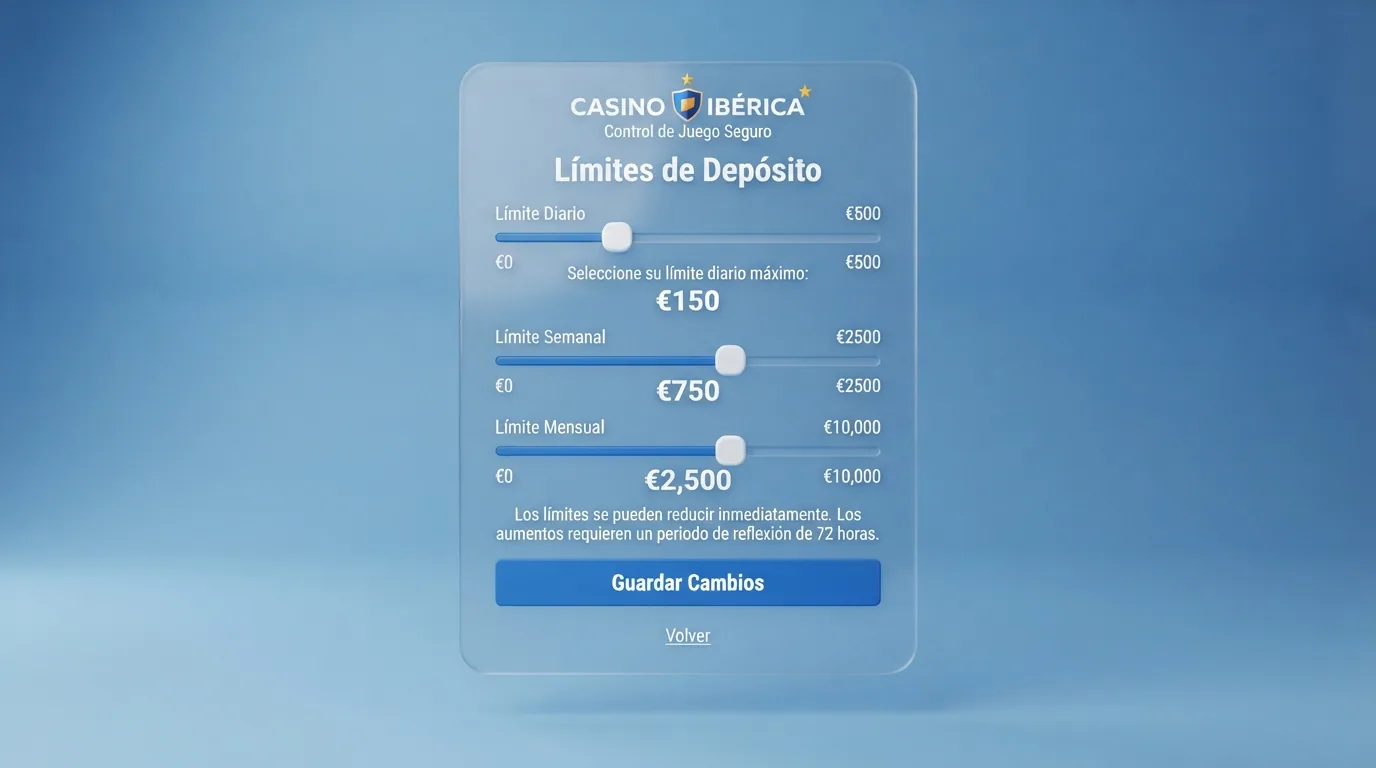 Panel de control de juego responsable de un casino online español con los límites de depósito diario, semanal y mensual visibles