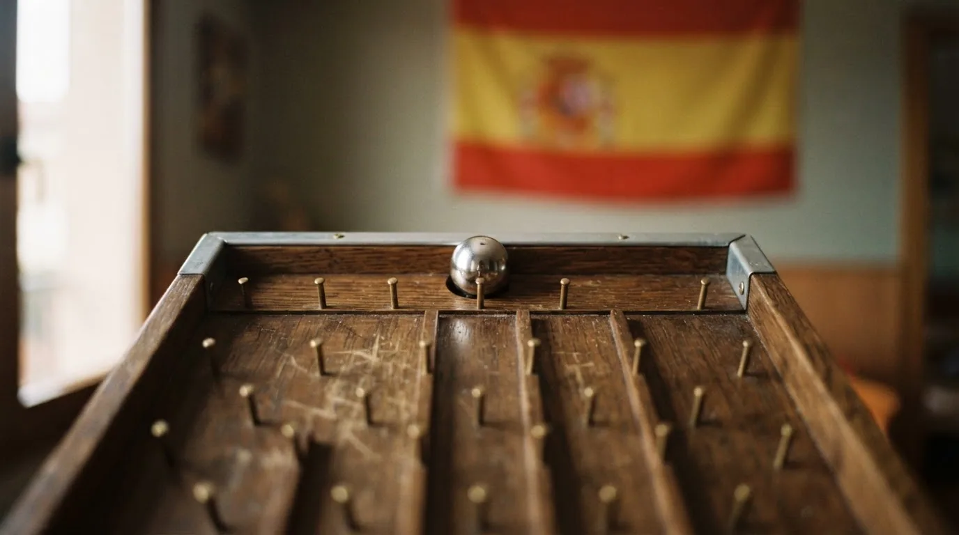 Bola de Plinko suspendida sobre un tablero con la bandera de España difuminada al fondo