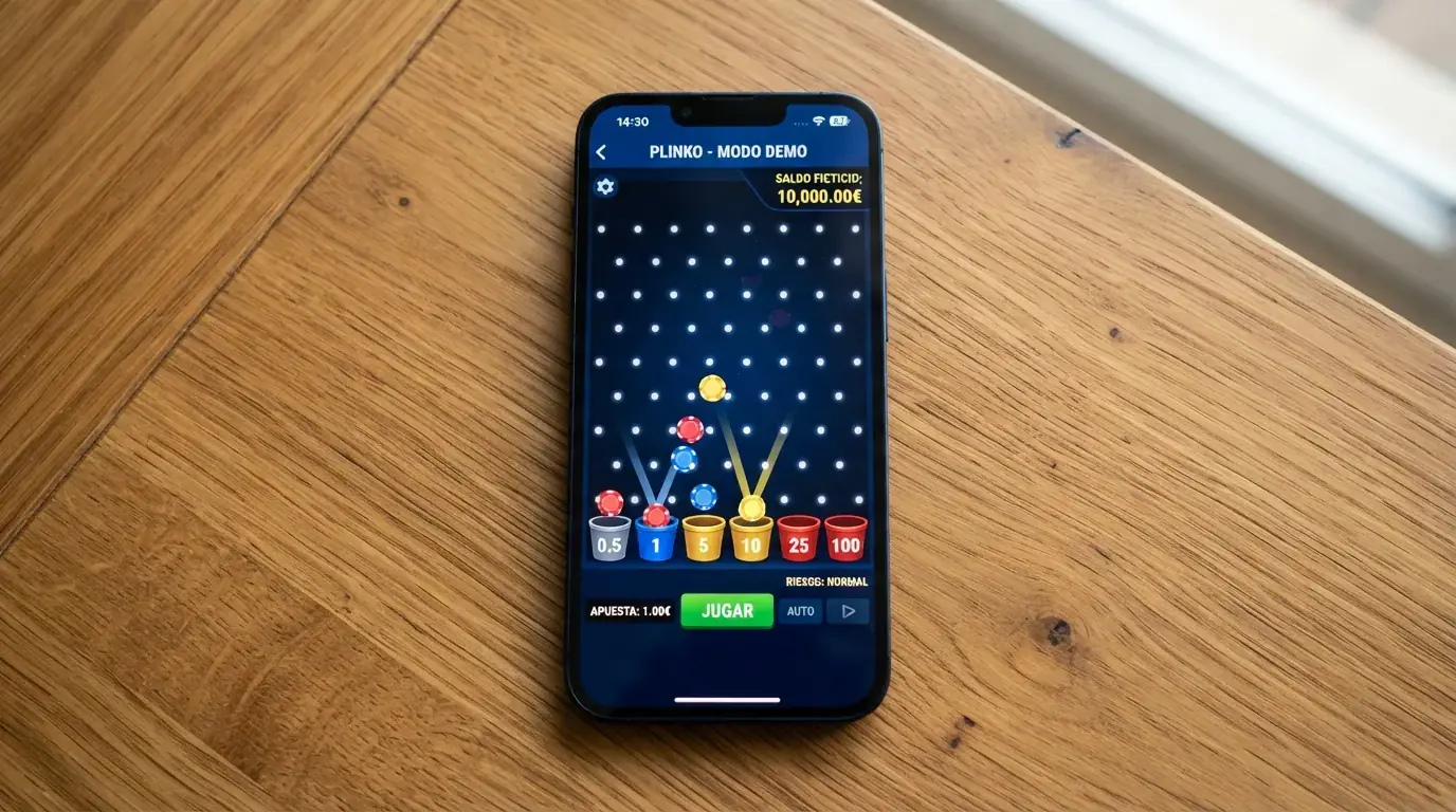 Pantalla de Plinko en modo demo con fichas virtuales y un indicador de «saldo ficticio» en la esquina superior