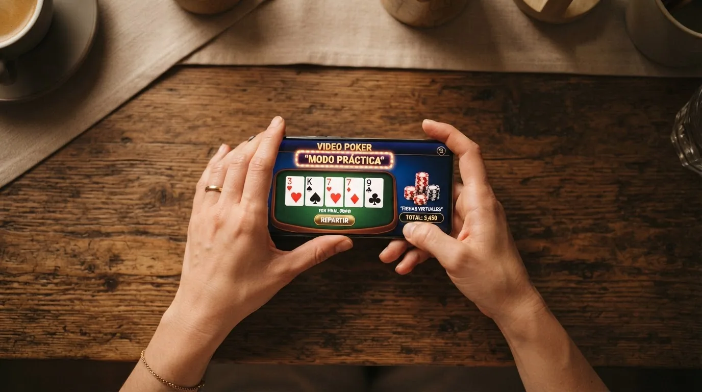 Pantalla de video poker en modo demo con fichas virtuales y el indicador de «modo práctica» visible