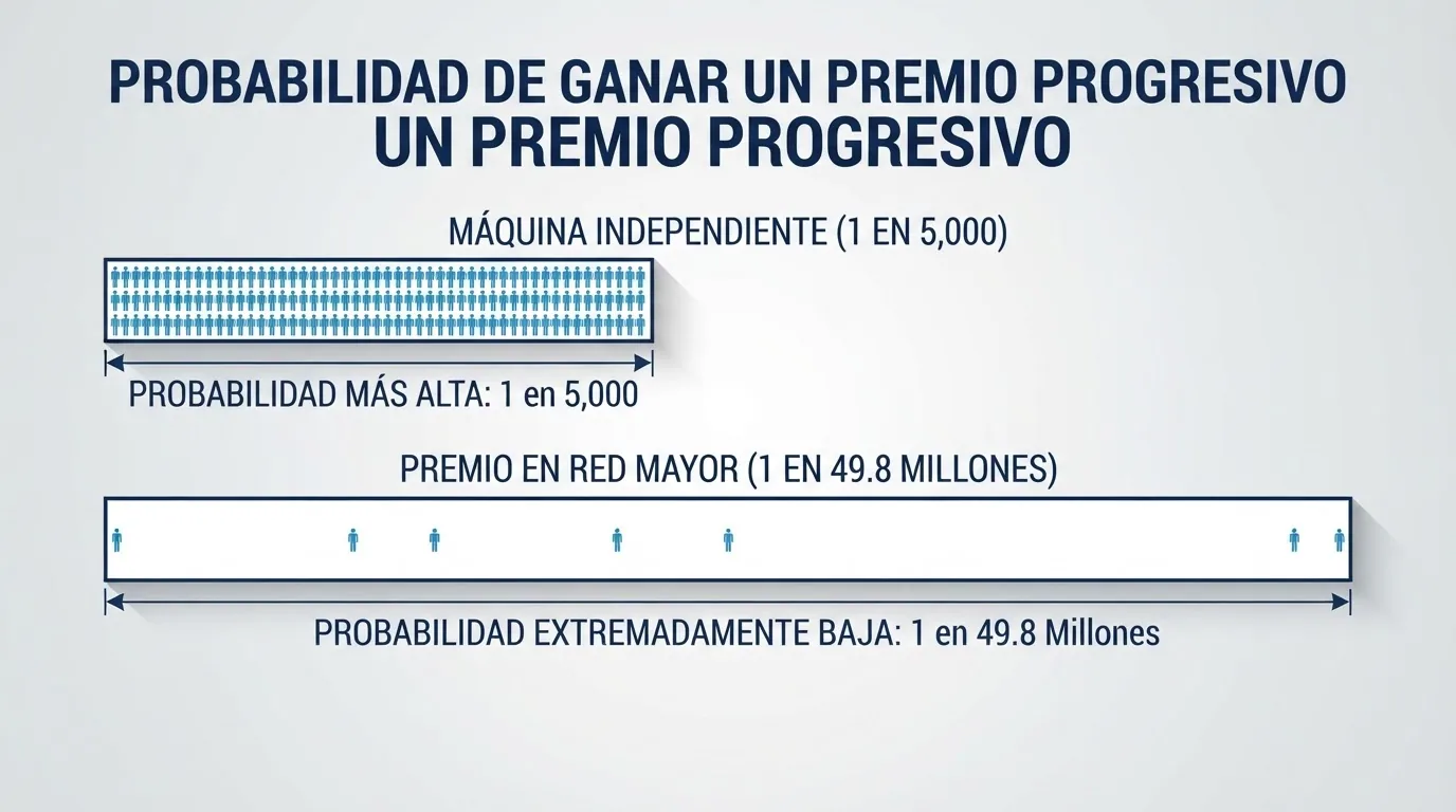 Una escala visual que compara una probabilidad de 1 entre 5.000 (máquina simple) con 1 entre 49,8 millones (gran jackpot en red), usando iconos de personas para hacer tangible la diferencia