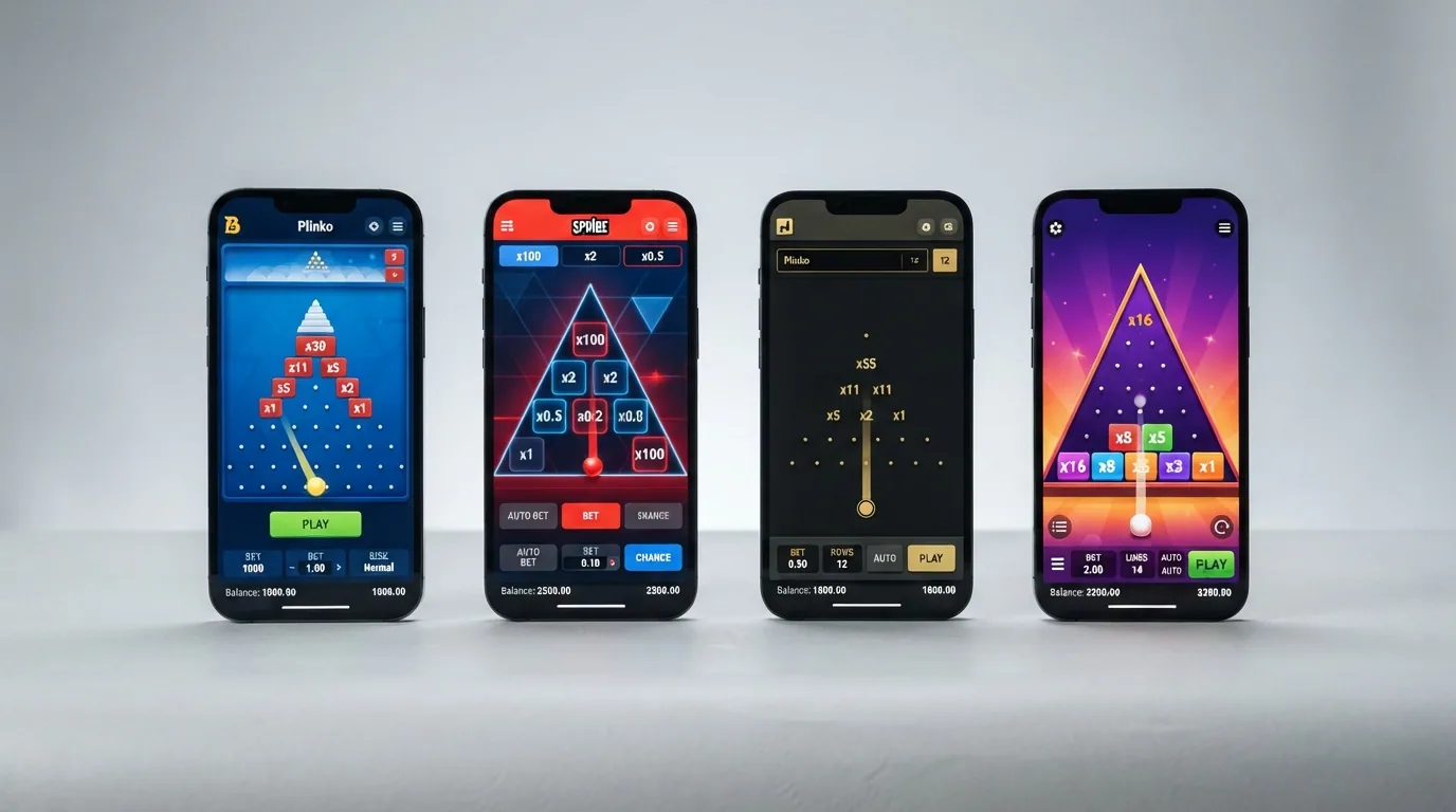 Cuatro capturas de pantalla de las versiones de Plinko de BGaming, Spribe, Hacksaw Gaming y Pragmatic Play con sus interfaces características