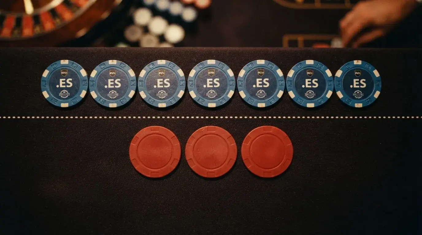 Diez fichas de casino alineadas en dos filas: siete fichas azules con el distintivo .es y el escudo de la DGOJ en la fila superior, y tres fichas rojas sin distintivo en la inferior, separadas por una línea de puntos