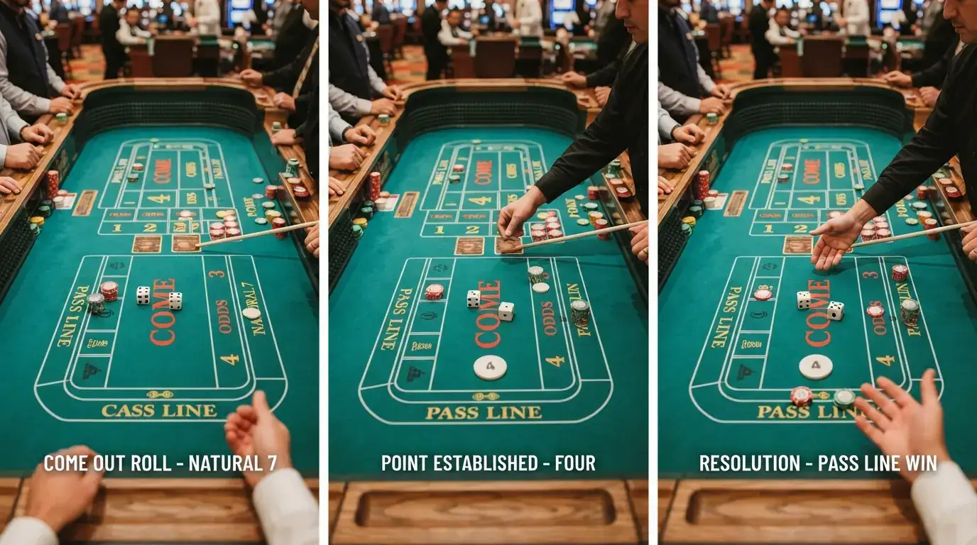 Secuencia visual de una ronda de craps: tirada de salida, establecimiento del punto y resolución, con las zonas de apuesta activas resaltadas en cada fase
