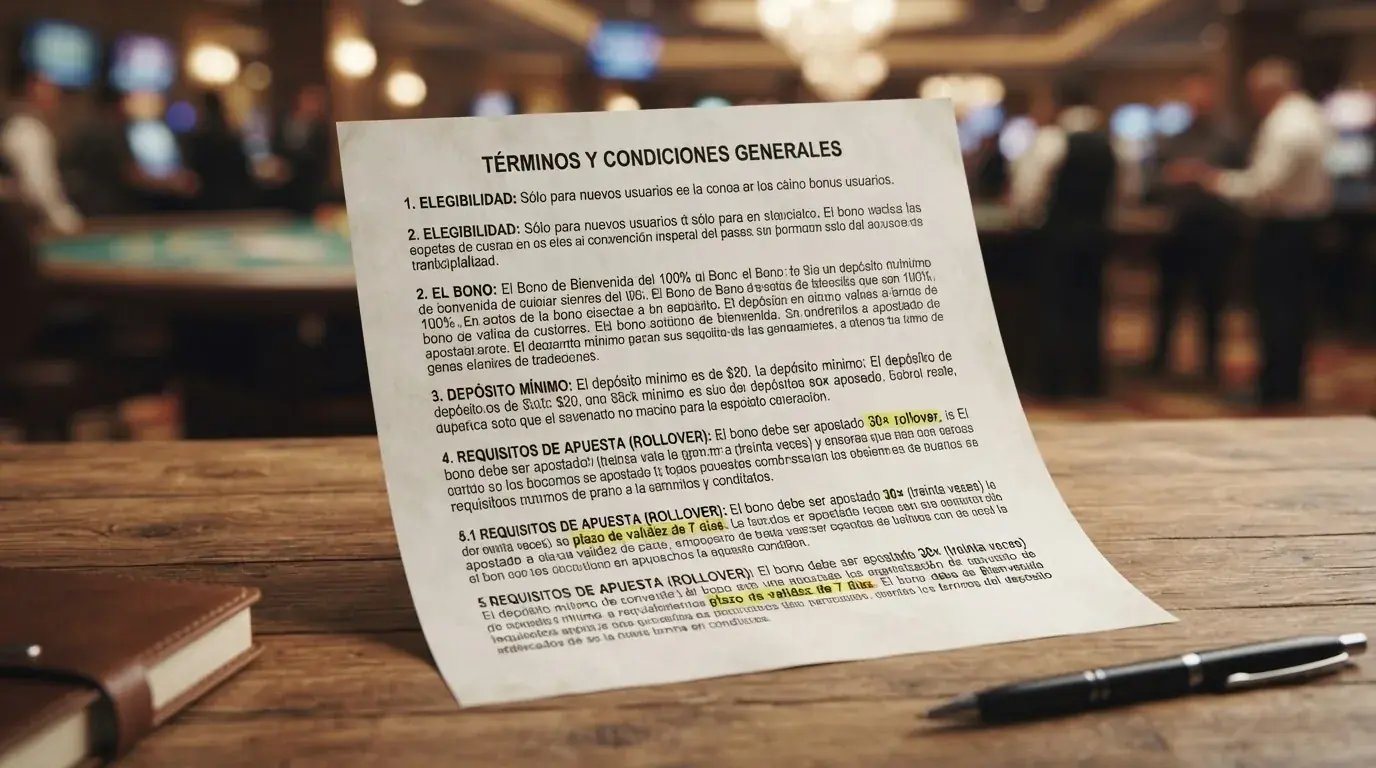 Primer plano de los términos y condiciones de un bono de casino, con el multiplicador de apuesta, el plazo de validez y el límite de ganancia subrayados en amarillo