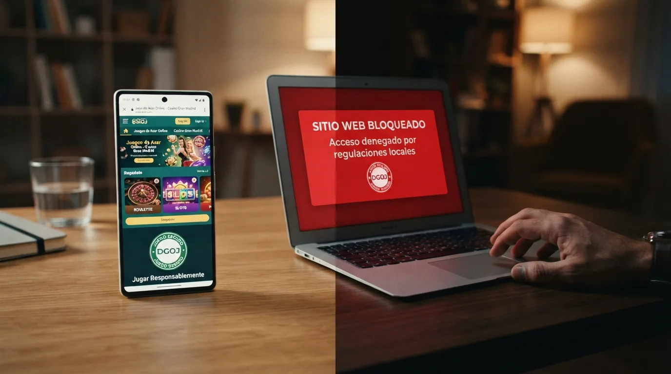 Pantalla dividida: a la izquierda, un casino con licencia DGOJ mostrando el sello de Juego Seguro; a la derecha, un sitio de casino sin licencia con una alerta de bloqueo