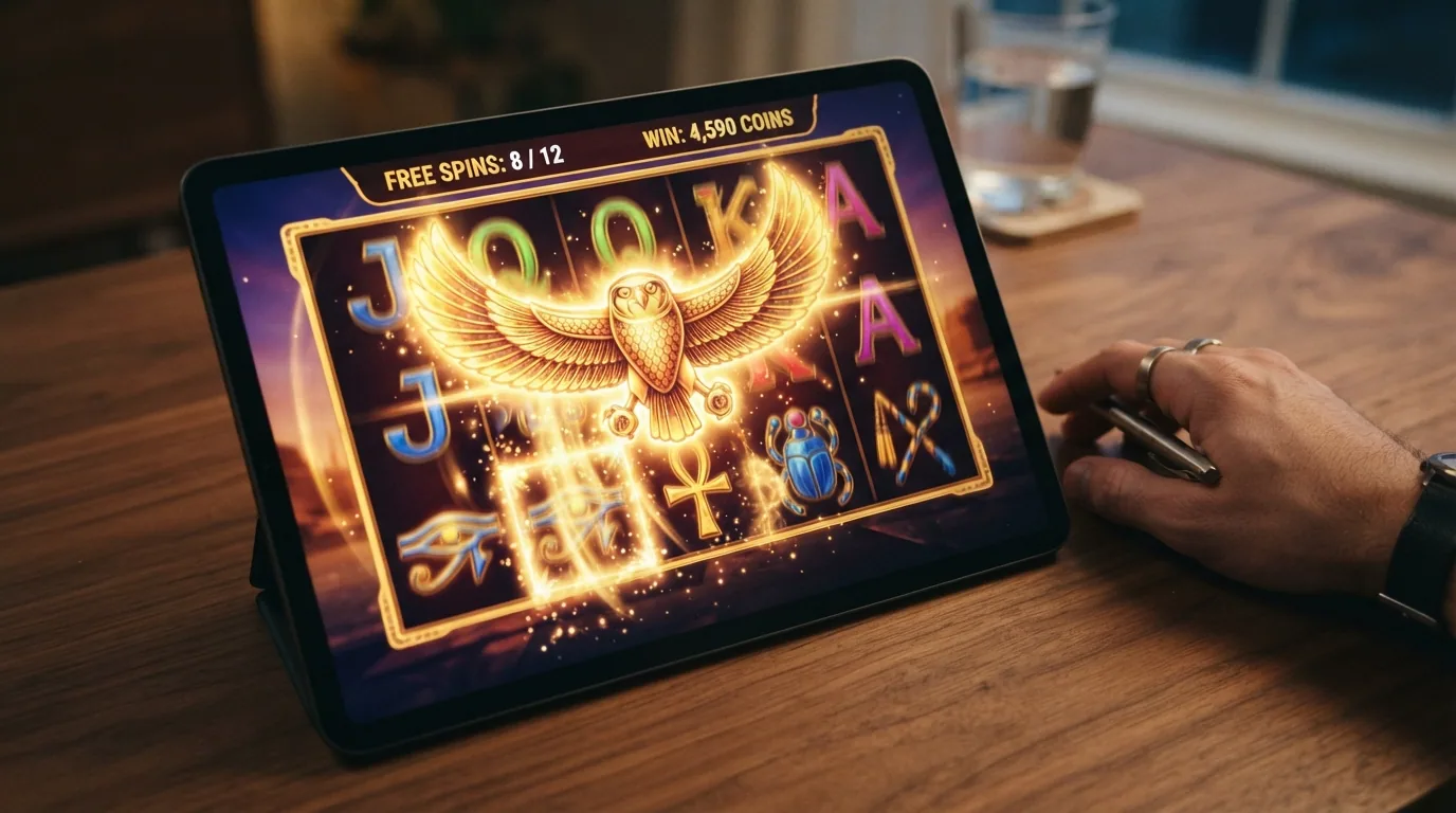 Captura de la ronda de giros gratis de Eye of Horus con el comodín Horus activo, varios símbolos mejorados y el contador de tiradas restantes visible