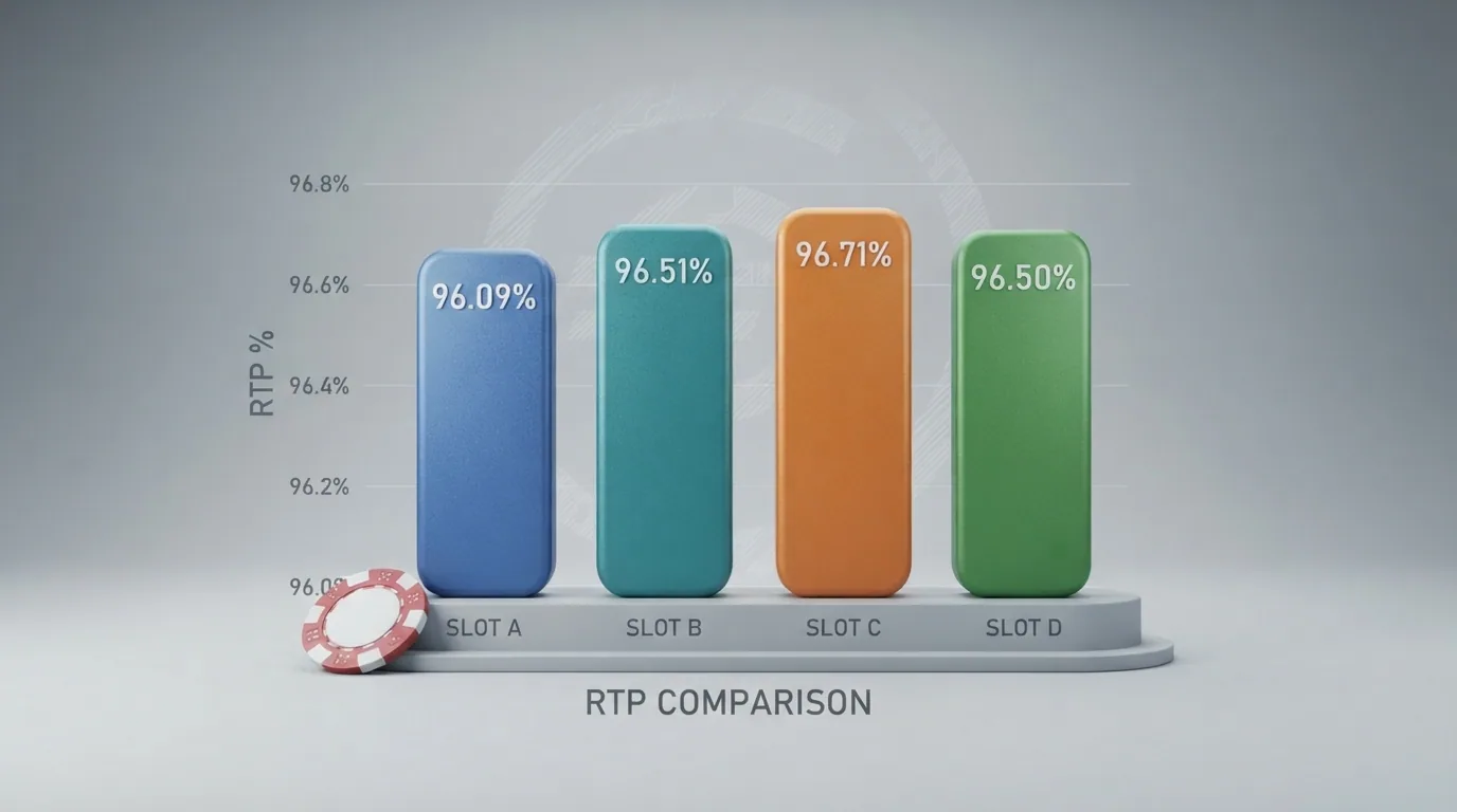 Gráfico de barras con el RTP de Starburst (96,09%), Sweet Bonanza (96,51%), Big Bass Bonanza (96,71%) y Gates of Olympus (96,50%)