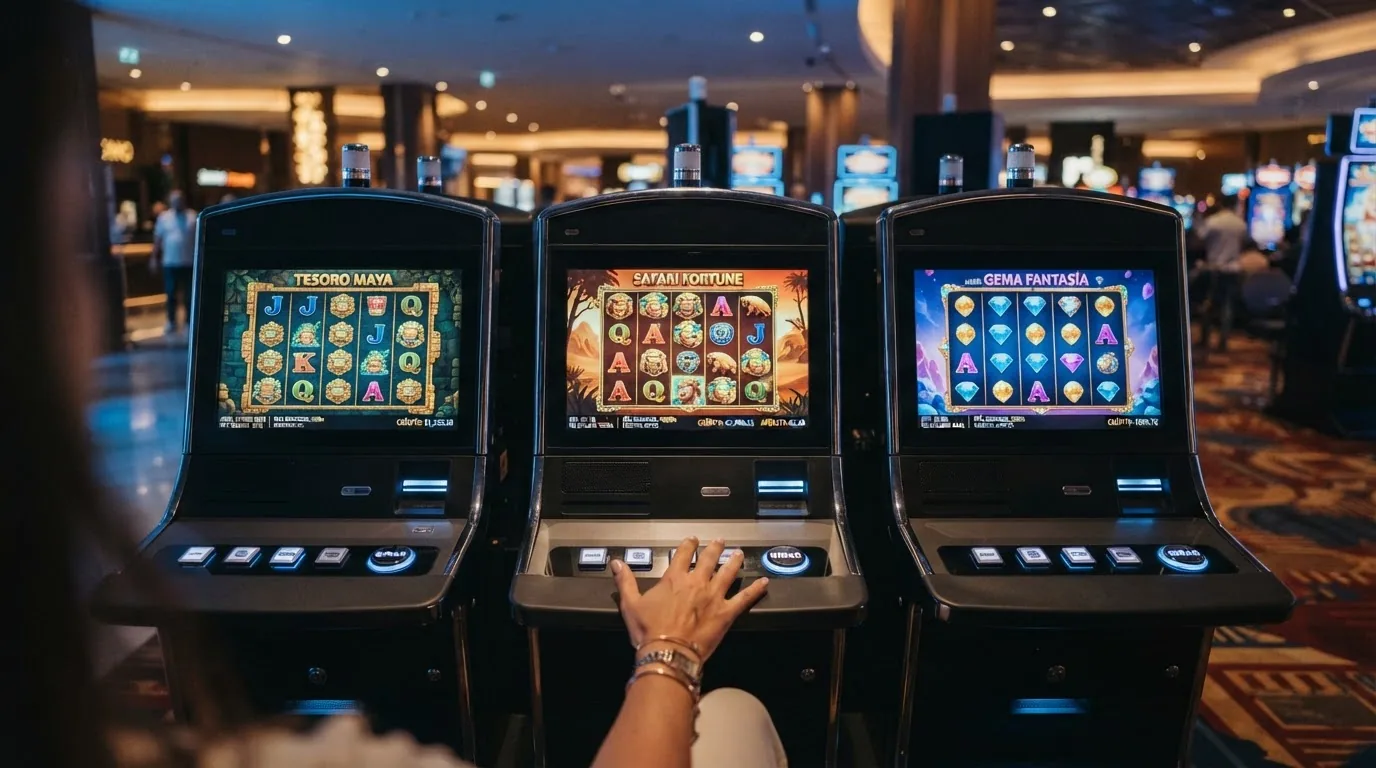 Captura de tres tragaperras online con su ficha de RTP, volatilidad y ganancia máxima visibles en la interfaz del casino