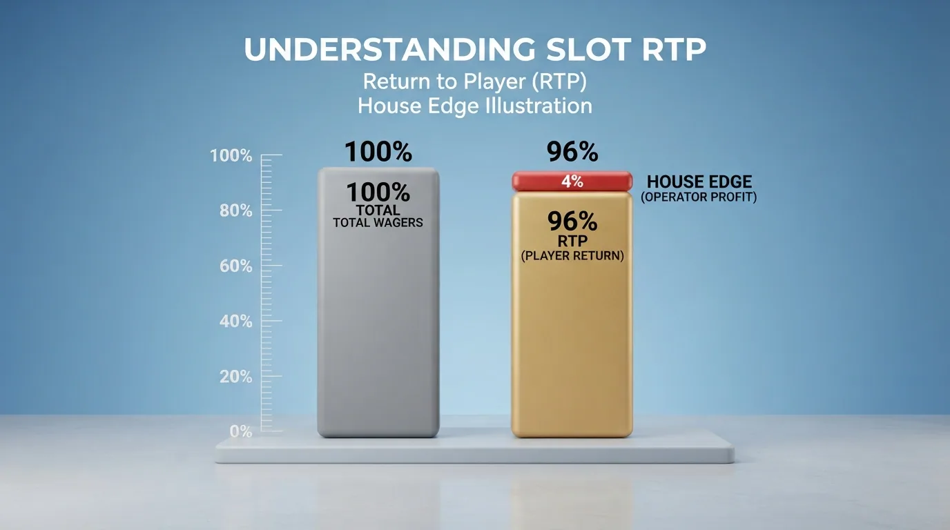 Representación visual del concepto de RTP: un gráfico de barras que muestra el retorno de una tragaperras del 96% frente al 100% con una pequeña porción coloreada como la ventaja de la casa