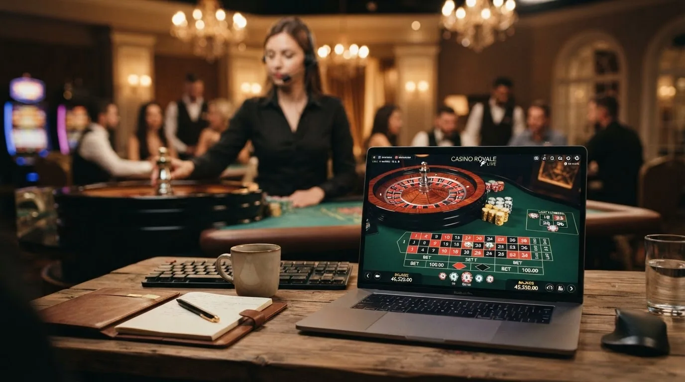 Mesa de ruleta en vivo con crupier real en un estudio de casino con el logo de Evolution Gaming visible
