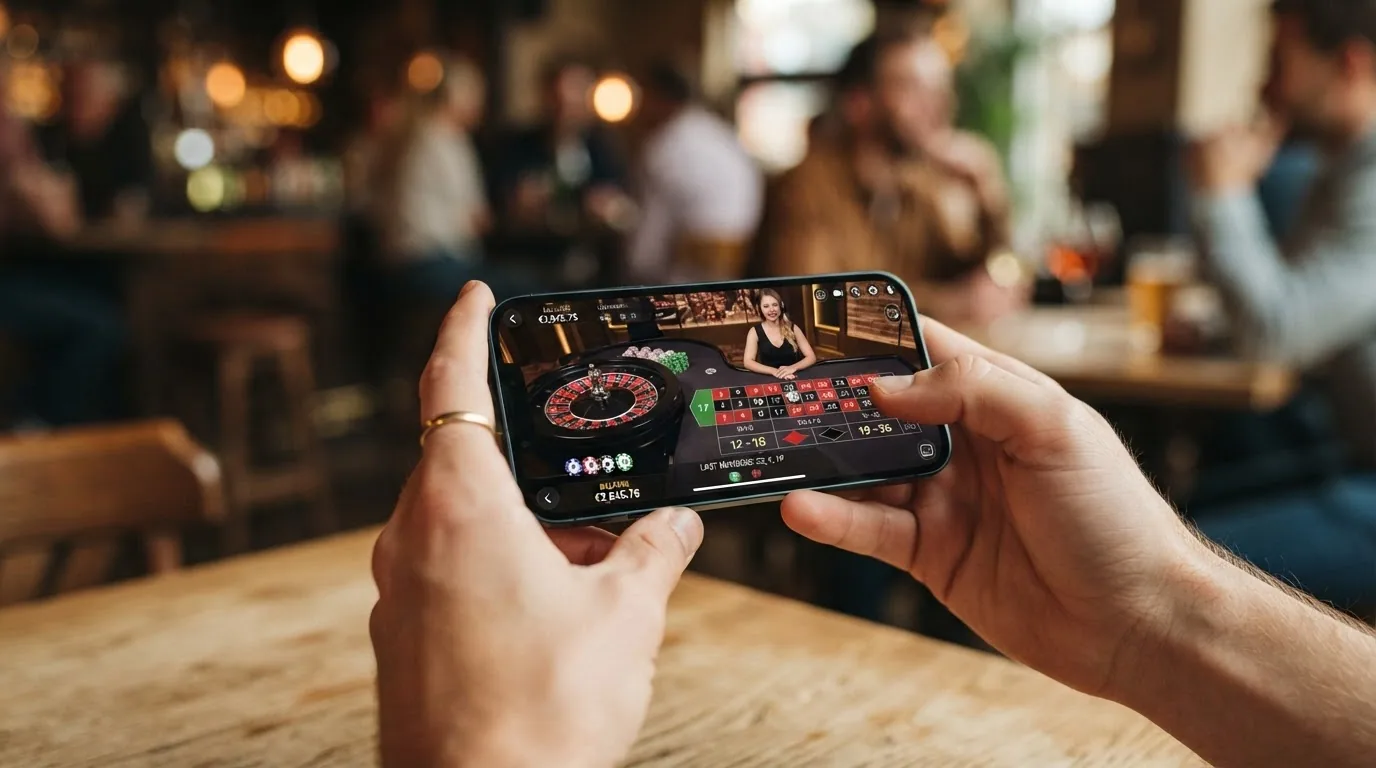 Teléfono móvil en horizontal mostrando una mesa de ruleta en vivo con la interfaz de apuestas adaptada a pantalla táctil