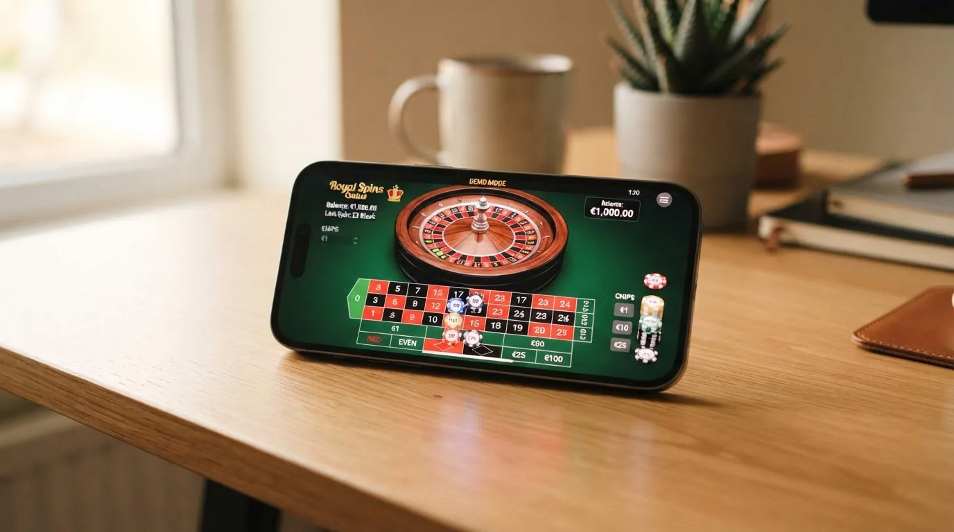 Interfaz de ruleta virtual en modo demo con fichas de saldo ficticio y el botón de giro destacado