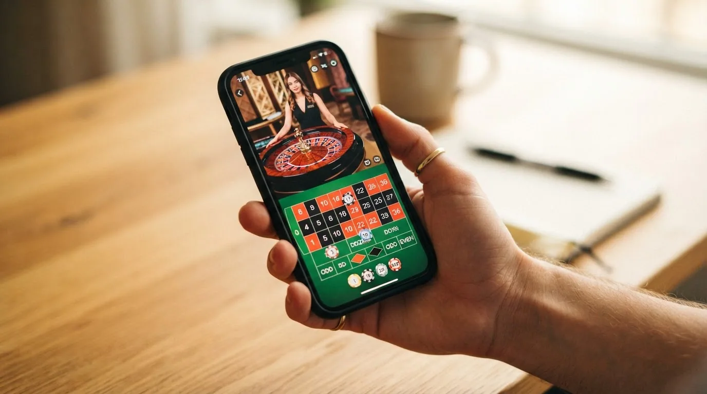 Una mano sostiene un teléfono en vertical mostrando una mesa de ruleta en directo con la interfaz de apuestas táctil activa