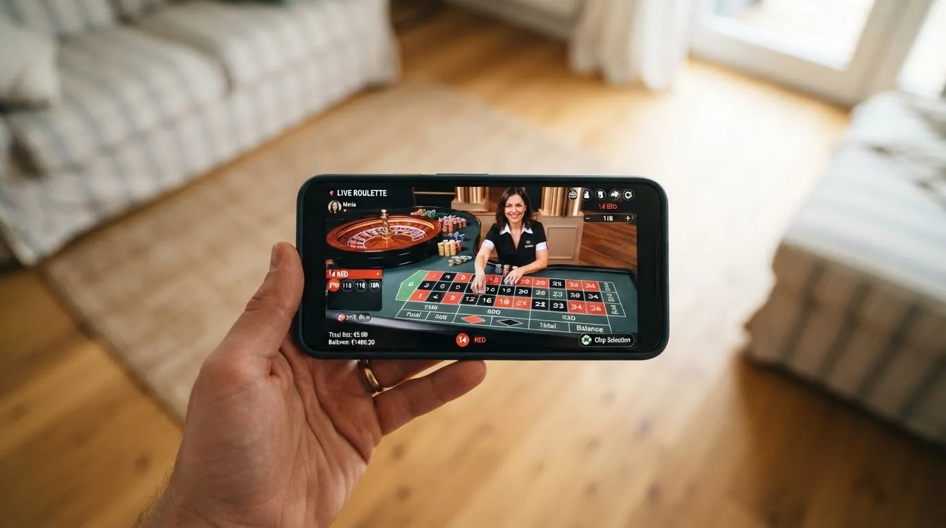 Mesa de ruleta en vivo con crupier real transmitida por streaming en la pantalla de un telefono movil