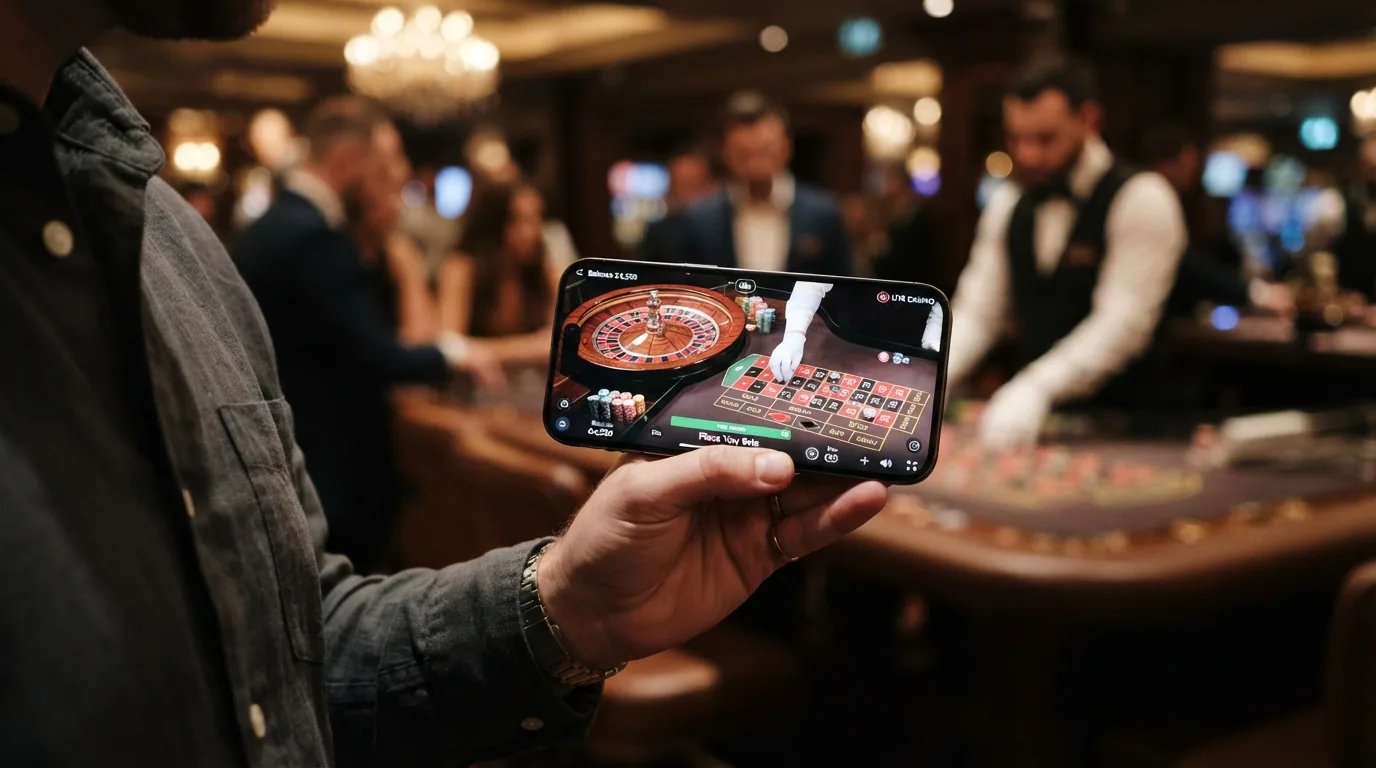 Un teléfono sostenido en horizontal mostrando una mesa de ruleta en vivo con la interfaz de apuestas táctil activa