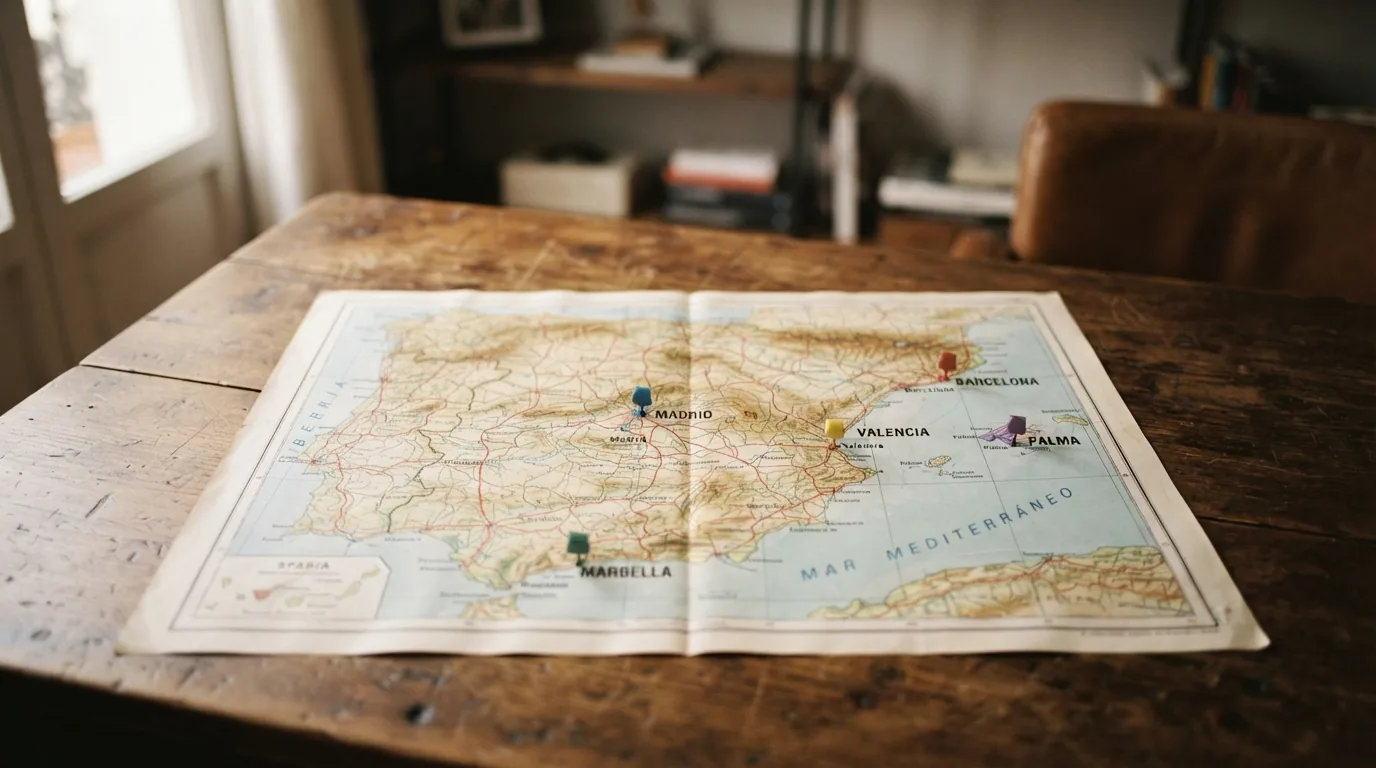 Mapa de España con las ciudades que cuentan con sala de poker físico señalizadas, destacando Barcelona, Madrid, Valencia, Marbella y Mallorca