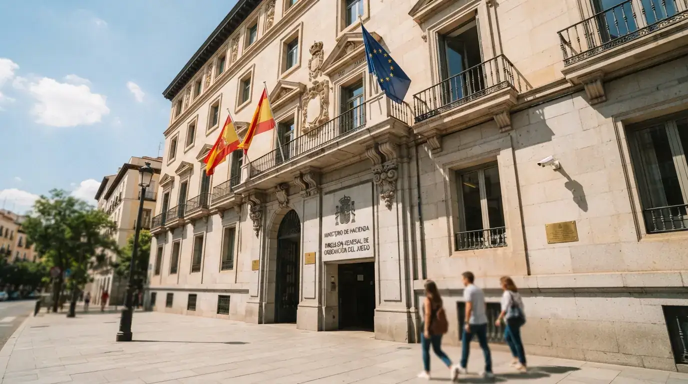 Fachada institucional de la sede de la Dirección General de Ordenación del Juego en Madrid, con el rótulo oficial visible