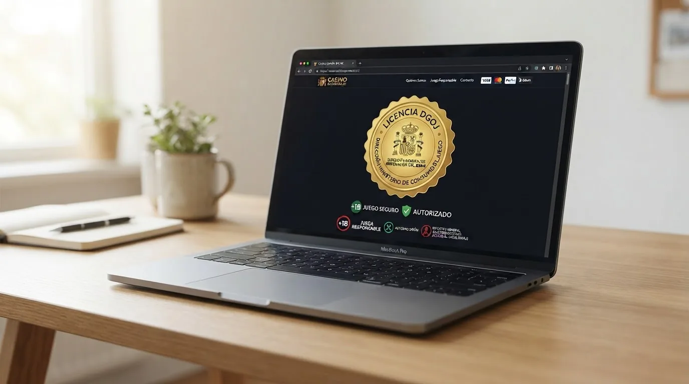 Captura del footer de un casino online con licencia DGOJ donde se aprecia el logotipo oficial de la Dirección General de Ordenación del Juego junto al enlace de verificación a ordenacionjuego.es