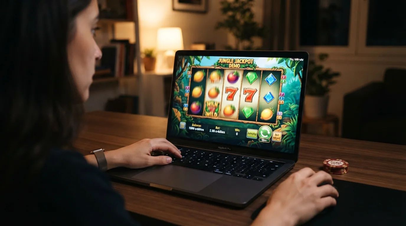 Interfaz de una slot en modo demo con fichas virtuales, el botón de giro y el saldo simulado en la parte superior