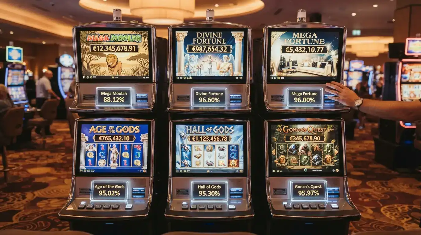 Una cuadrícula visual con las carátulas de seis tragaperras de jackpot (Mega Moolah, Divine Fortune, Mega Fortune, Age of the Gods, Hall of Gods, Book of Atem) y su RTP anotado debajo
