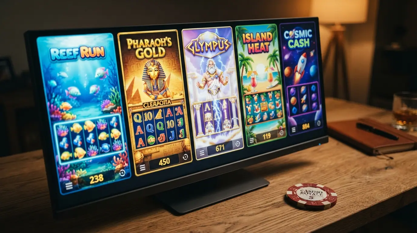 Captura de pantalla de cinco tragamonedas populares (Big Bass Bonanza, Book of Dead, Gates of Olympus, Sweet Bonanza y Starburst) mostrando sus pantallas de título